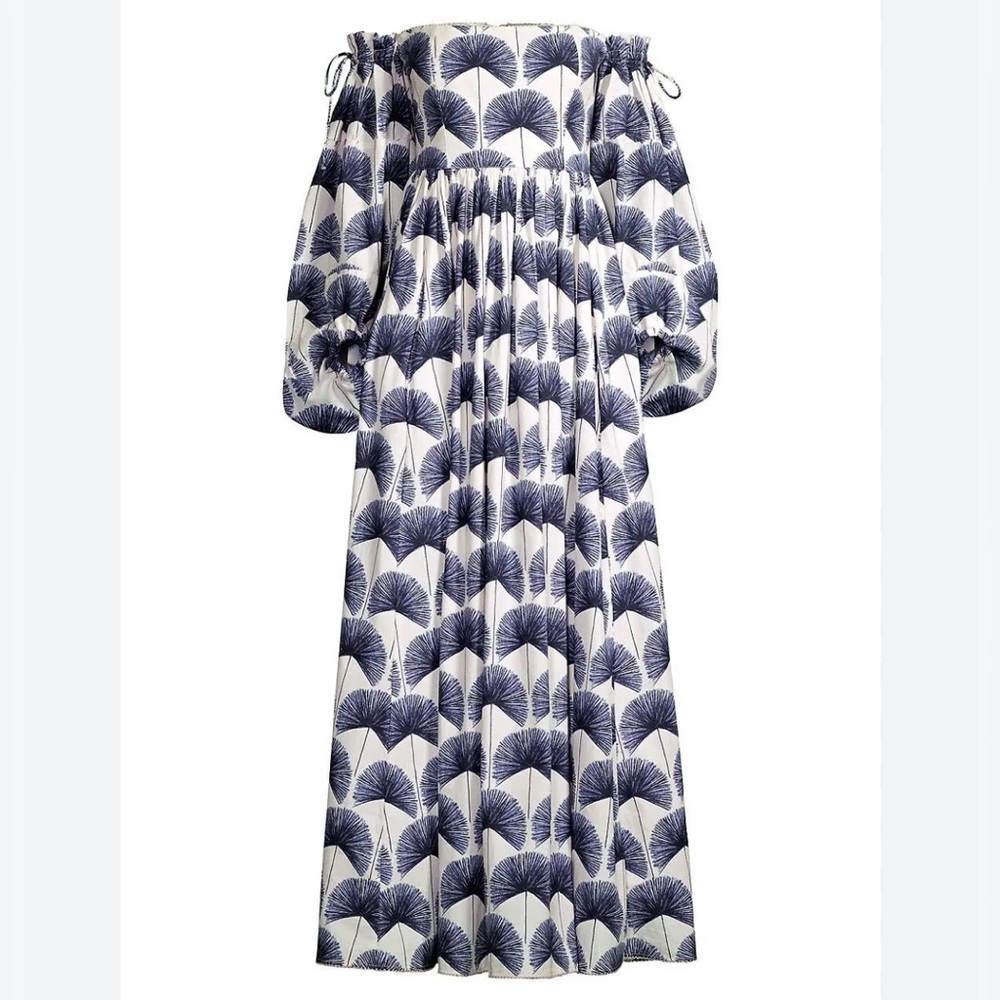AGUA BY AGUA BENDITA Alheli Mangle Noche Dress Blue White Dress NWT LARGE L